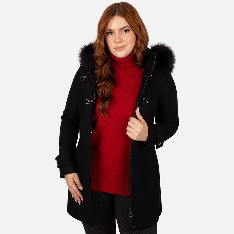 casaco-preto-frio-feminino-capuz-pelo-fivelas