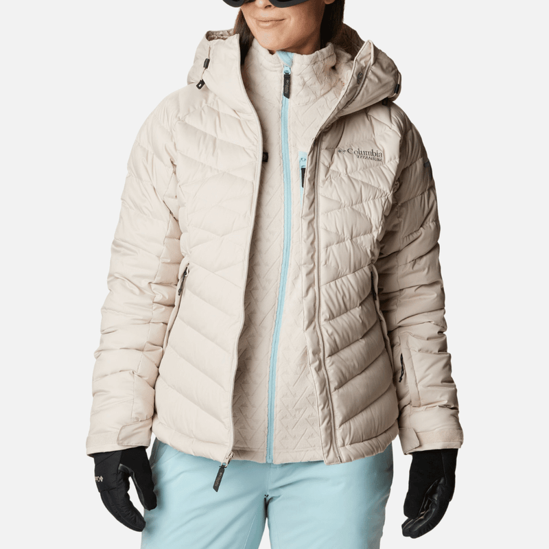 Jaqueta-feminina-impermeavel-para-neve-termica-plumas-de-ganso-columbia-roaring-fork-off-white-aberto