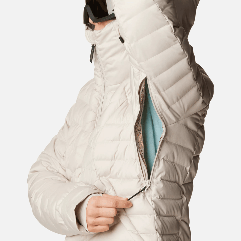 Jaqueta-feminina-impermeavel-para-neve-termica-plumas-de-ganso-columbia-roaring-fork-off-white-abertura